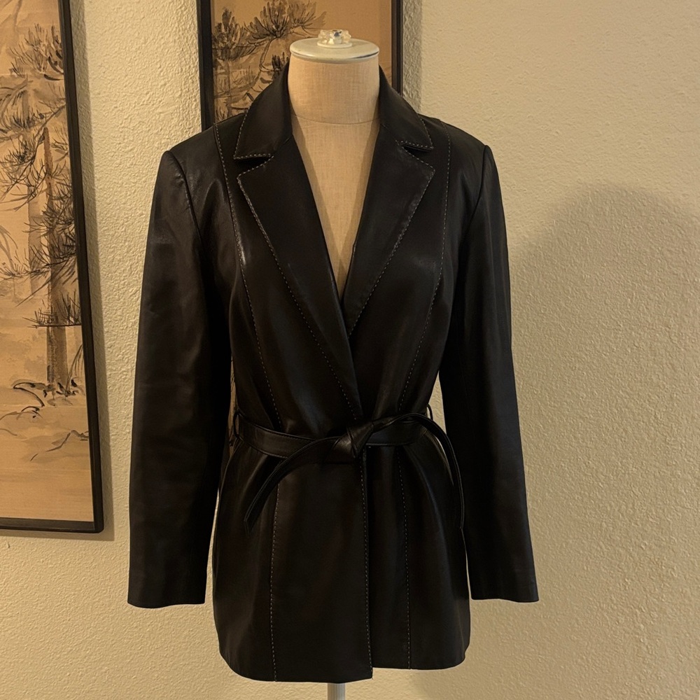 Vintage Genuine Leather Silk Lined Saint John Sport Leather Tie Waist Blazer